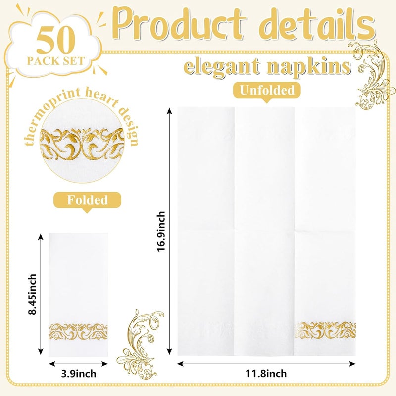 Joyido 50PCS Gold Napkins Disposable - White and Gold Paper Napkins - Cloth-Like Feel Dinner Paper - Elegant Heavy Duty Hand Towels for Bathroom Party Bridal Decorative Reception - Image 2